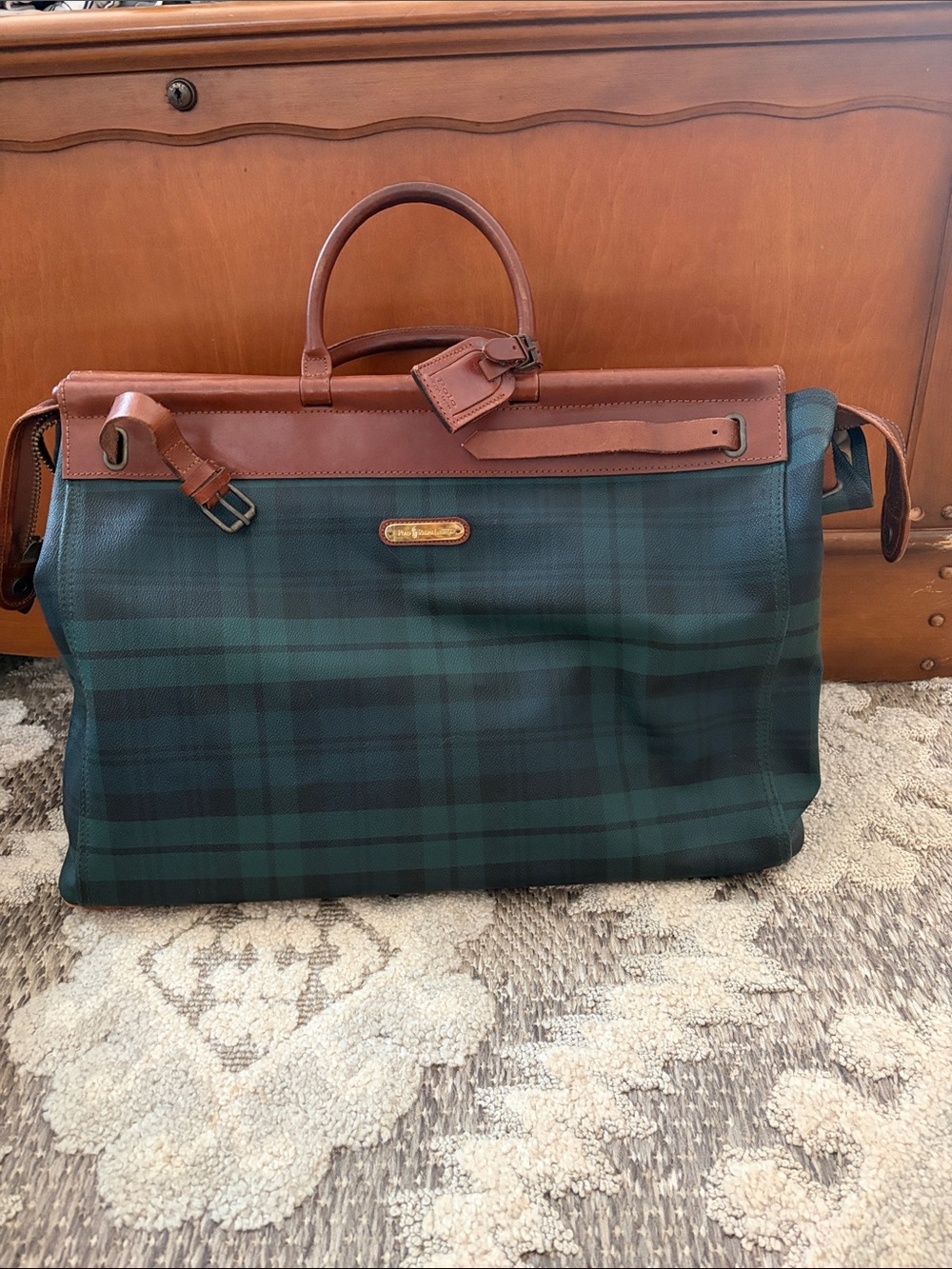 Polo by Ralph Lauren Green Tartan Weekender with Brown Leather Trim
